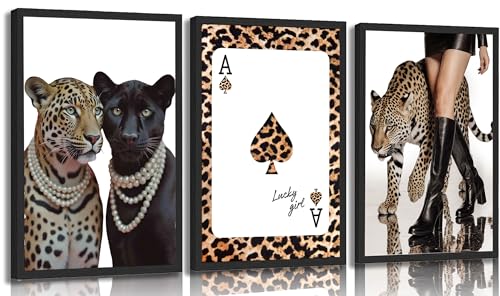 3pcs Trendy Leopard Canvas Wall Art Funky Black High Heel Cheetah Posters Prints Paintings Preppy Leopard Style Poker Wall Decor Pictures for Living Room Bedroom Dormitory Apartment Home Decoration - color: Trendy Leopard, size: 24"L x 16"W-Posters