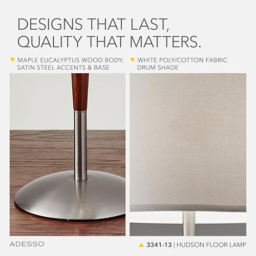 Adesso Floor Lamp, Maple Wood & Satin Steel, Adjustable Brightness, 61”
