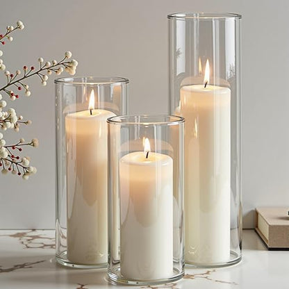 24-Pc Set: 12 White Pillar Candles & 12 Hurricane Glass Holders