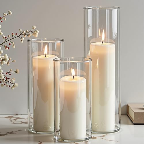 24-Pc Set: 12 White Pillar Candles & 12 Hurricane Glass Holders