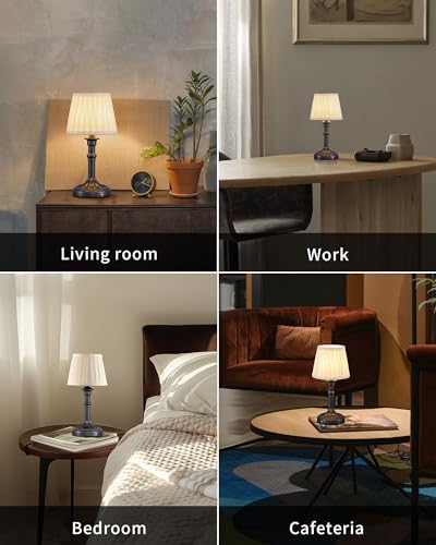 KDG Mottled Silver Cordless Table Lamps Set of 2, Beige Fabric Shade Light - color: Mottled Silver + Fabric Lampshde (2 Pack)