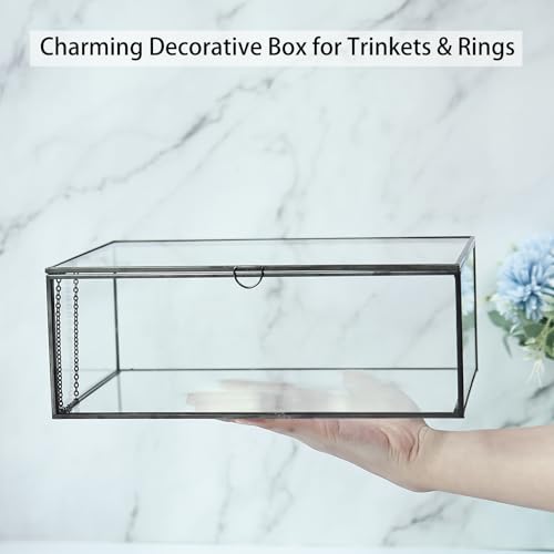 Glass Jewelry Display Box with Hinged Lid, Keepsake Box, Clear Card Box - color: Black, size: Large