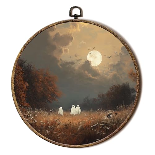FSTCSV Vintage Halloween Ghost Round Wall Art Framed, Fall Landscape Ghost Canvas Prints Wall Hanging Art, Full Moon Spooky Ghosts Autumn Circle Walls Decor for Home Bedroom, 10x10in - color: color-8