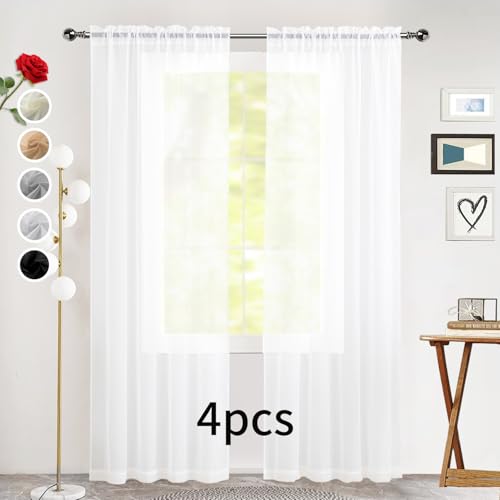 SpaceDresser Sheer White Curtains 4 Panels Rod Pocket Semi-Sheer Curtain 45 Inches Long Light Filtering Voile Window Drapes for Bedroom Living Room Kitchen, Each 52W x 45L - color: White, size: 52"W x 45"L (Pack of 4)