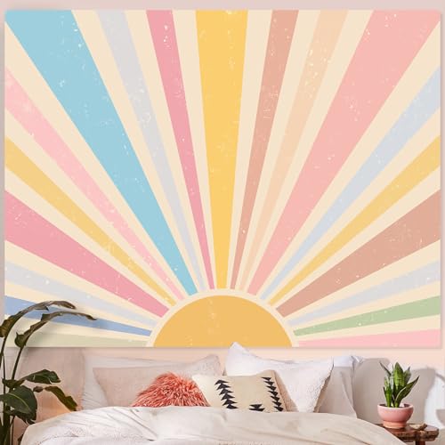 Zussun Boho Sun Tapestry Vintage 70s Sunset Sunrise Tapestries for Bedroom Aesthetic Retro Abstract Art Colorful Rainbow Classroom Tapestry Wall Hanging for Living Room Dorm (60" x 44") - color: Light Yellow, size: 60"L x 44"W