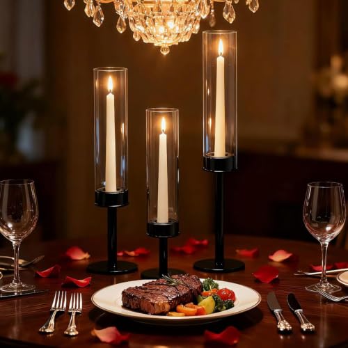 Hurricane Candle Holder Set of 6 – Elegant Glass Pillar Candle Holders for Home Décor, Wedding, Table Centerpiece, Outdoor – Clear Windproof Cylinder Candle Holders - color: Glass Black 6 Pieces