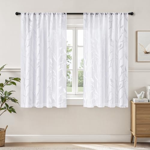 HOMEIDEAS White Semi Sheer Curtains 63 Inches Long,Birds on Branch,2 Panels - color: White - Birds on Branch, size: 52"W x 63"L (Pack of 2)
