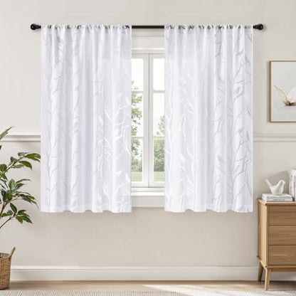 HOMEIDEAS White Semi Sheer Curtains 63 Inches Long,Birds on Branch,2 Panels - color: White - Birds on Branch, size: 52"W x 63"L (Pack of 2)