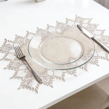 2 Pcs Lace Doily, 12"*18" Rectangle Neutral Earth Tones Beige Lace Coffee Table Topper Linen Style Tablecloth Placemats with Embroidery Edge for Dining Room - size: 12*18"