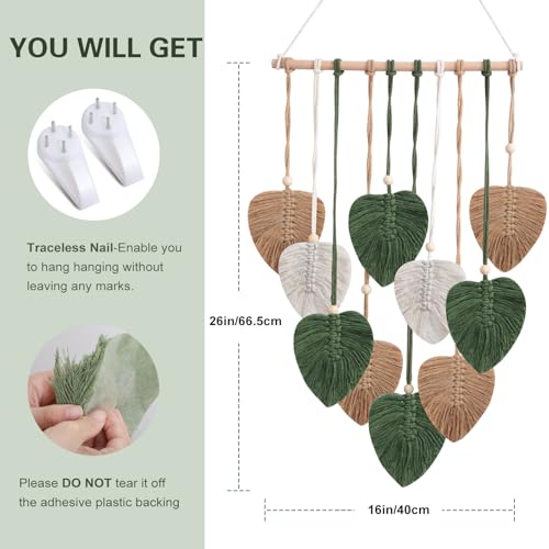 Easemykit 벽걸이 장식 나뭇잎 태피스트리, 보헤미안 마크라메 벽 장식 태피스트리 우븐 깃털 핸드메이드 실 태슬 잎 마크라메 벽 아트 장식, 거실, 침실, 사무실, 아기방, 아파트룸, 40.6 x 66cm(16 x 26인치) (브라운 그린) - color: 브라운 그린.