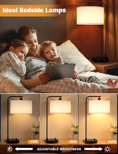 20.7" Tall Table Lamp with USB & Outlet, Fully Dimmable Nightstand Lamp - color: B-White Shade & Black Base
