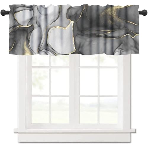Grey Marble Window Valance, Marble Texture Line Black Gold Grey Rod Pocket Blackout Short Curtain Drape for Cafe Kitchen Bedroom Living Room, 54x18inch - color: Marble-15