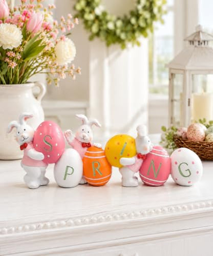 Easter Bunny with Egg Figurines, Rabbit Egg Statues, Spring Home Decorations, Easter Theme, Bookshelf Mantle Decor