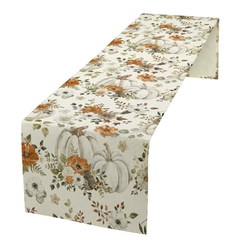 Fall Thanksgiving Table Runner, White Pumpkin Maple Leaves Autumn Flower Pattern Table Runner for Holiday Home Kitchen Dining Table Party 13x36in - color: Fall-2, size: 13x36in