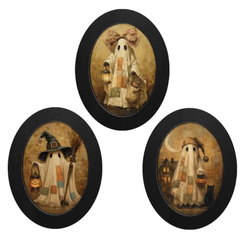 3Pcs Vintage Ghost Halloween Wall Art Framed Spooky Ghosts Oval Wall Decor | 3Pcs Gothic Patchwork Ghost Oval Wall Art Halloween Decorations, Rustic Ghosts Halloween Wall Decor for Home Farmhouse Party - color: Multicolored