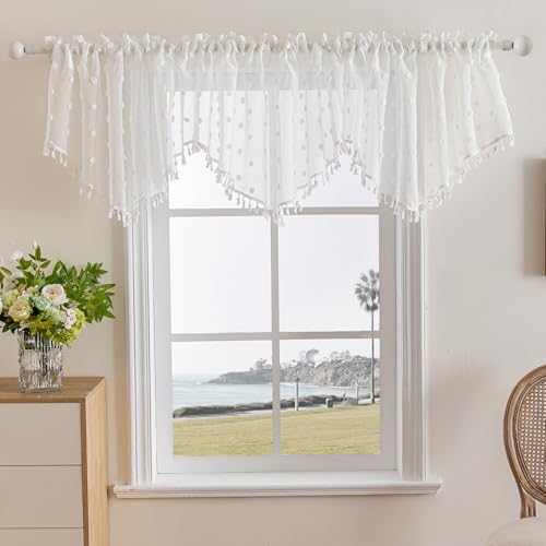3 Pieces Boho Sheer Valances for Windows, Cute Pom Pom Rod Pocket Light Filtering Short Valance Curtains with Tassels for Nursery Kids Bedroom Bathroom Cafe (White,55"x24") - color: White