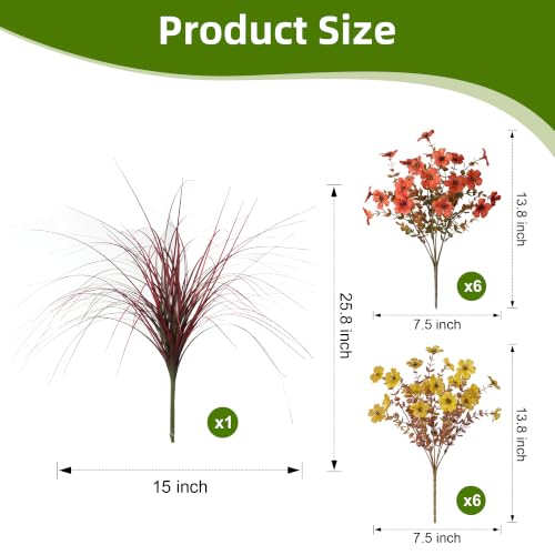 Ivydale Artificial Mums Flowers for Outdoors 12 Pcs + Burgundy Grass - color: Orange Yellow