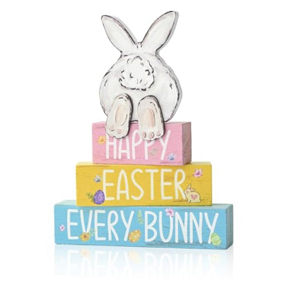 Smile Happy Easter Every Bunny Wooden Block Stack Decor, 3-Tiered Pastel Blocks with Bunny Silhouette for Spring & Easter Tabletop Display