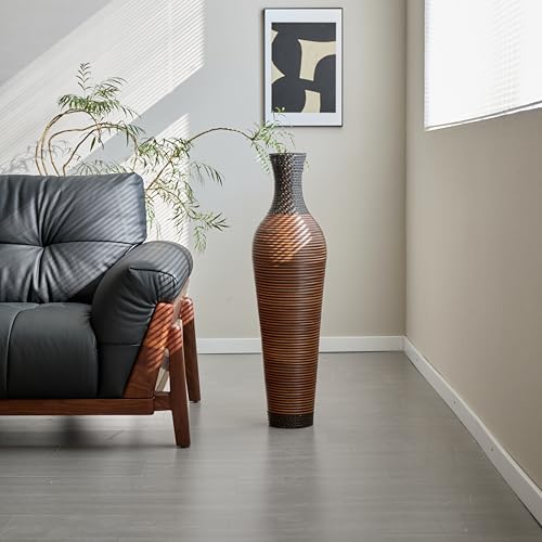 39" Hand-Woven PVC Rattan Floor Vase, Brown Tall Decorative Vase for Home Decor, Farmhouse Boho Entryway Living Room Office Statement Vase for Pampas Grass Dried Branch Display