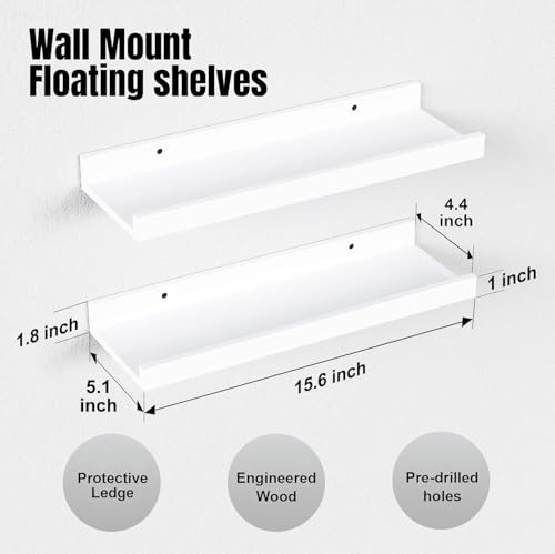 RICHER HOUSE 5-Set Floating Shelves with Lip, White Wall Mounted Wood Shelf - color: White, size: 16in