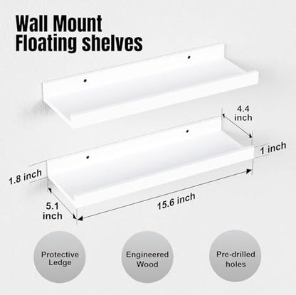 RICHER HOUSE 5-Set Floating Shelves with Lip, White Wall Mounted Wood Shelf - color: White, size: 16in