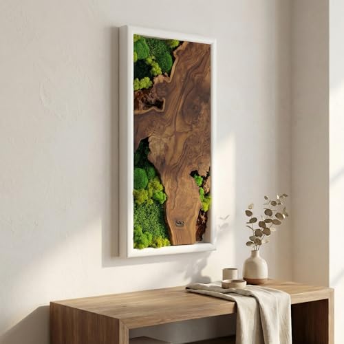 White Framed Moss Wall Art, Vertical Cedar Wood & Preserved Greenery Modern Natural Wall Decor for Living Room, Office & Home, Zero Maintenance Handcrafted Gift 47" x 16" - size: 47"L x 16"W