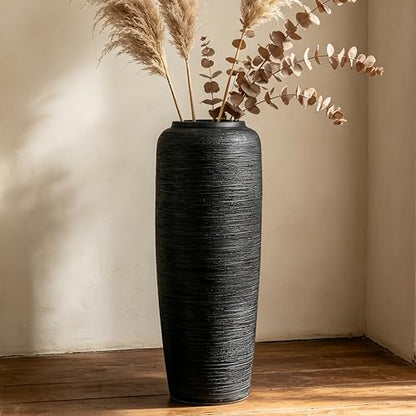 Black Rustic Ceramic Floor Vase, 19.7 Inch, Ribbed Texture - size: 19.7 Inch