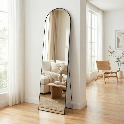 64"x21" Inch Full Length Mirror with Stand, Arched Aluminum Frame Wall Mirror & Freestanding Hanging Mounted Mirrors, Tempered Glass Full Body Mirrors for Bedroom, Living Room Decor,Black - color: Arch-black, size: 64"L x 21"W