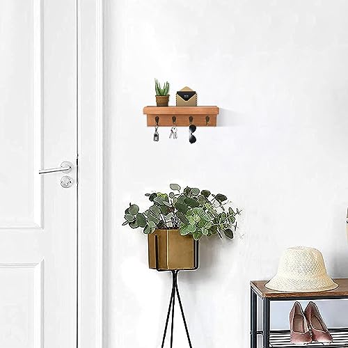 Key Holder Wall Mount, Farmhouse Wall Shelf with 4 Hooks for Entryway - color: Brown - Oak