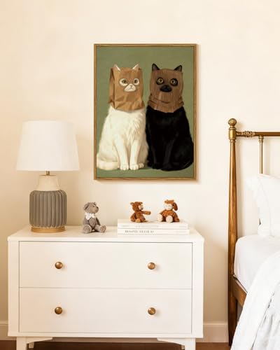 WHASAYART Whimsical Cats Wearing Paper Bag Masks Wall Art Framed 12"×16" - color: Masked Two Cats, size: 16"L x 12"W