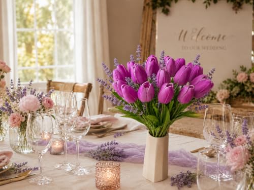 Mandy's 20 Stems Lavender Artificial Tulip Flowers for Home Centerpieces - color: Lavender