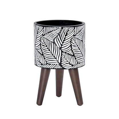 D'vine Dev 8 Inch Planter Pot with Wood Stand, White/Grey, 88-L-A-7 - color: White/Grey, size: Small