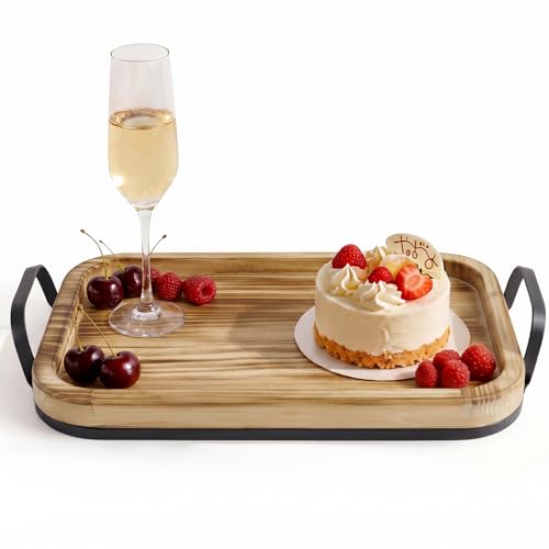 15 Inch Wood Serving Tray with Metal Handles, Sturdy Ottoman Tray - size: 15.3" x 9.3" x 2.5"