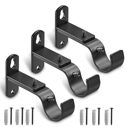 Adjustable Curtain Rod Brackets, Metal Window Drapery Rod Hanger Holders Hooks for 1 inch Rods (Black, Set of 3) - color: Black, size: Set of 3