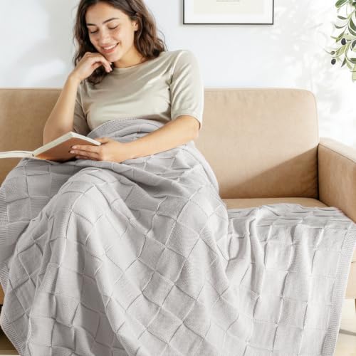 Whale Flotilla Checkered Knit Throw Blanket for Couch, Light Grey - color: Light Grey, size: 60x80 Inch