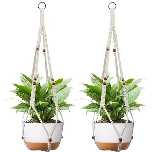 Macrame Plant Hanger - Fits 6-15 Inch Pots, Set of 2, Ivory - color: 43+43 Inch Ivory