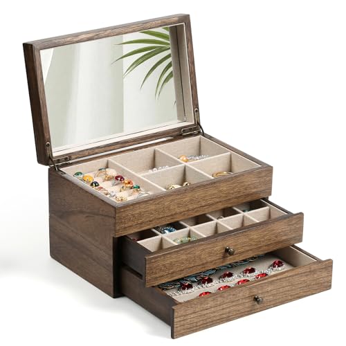 Meangood Jewelry Box Organizer for Women, 3 Layer Large Jewelry Storage Case, Rustic Wooden Jewelry Box with Mirror & Ring Tray for Necklace Earring Bracelets Rings, Vintage Style (Walnut) - color: Walnut, size: 2-Drawer
