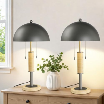 Gray Bedside Table Lamp Set 2 Mid Century Modern Tavertine Nightstand Lamp - color: Gray