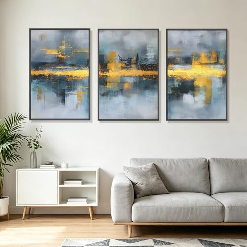 Blue and Gold Abstract Wall Art Set of 3, Modern Framed Canvas Wall Art 16x24 Inch, Luxury Abstract Landscape Wall Painting for Living Room Bedroom Office, Metal Frame Ready to Hang - color: Metallic Waterscapes, size: 16"L x 24"W