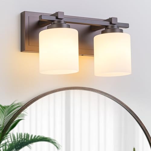 Modern Bathroom Light Fixtures Over Mirror, Vanity Lights for Bathroom Wall Sconces with Milky White Glass Shades, E26 Socket (Bulbs Not Included), 2 Light, Oil Rubbed Bronze - color: Oil-Rubbed Bronze, size: 12.20 inch-2-Light