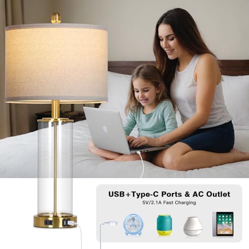 26" Gold Glass Table Lamps Set of 2, 3-Way Dimmable Touch Control Living Room Lamp with USB C+A Ports & AC Outlet, Modern Bedside Lamps, Elegant Bedroom Lamps for Nightstand Side End Table Desk - color: Gold
