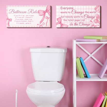 Jetec 2 Pcs Coquette Pink Bow Bathroom Wall Decor Wooden Sign 12 x 6 Inch - style: Pink Bow Style