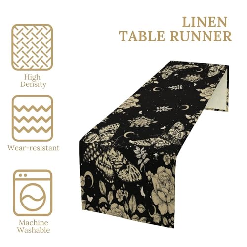 Moth Moon Table Runner,Fantasy Bohemian Nature Floral Starry Sun and Moon Gothic Skull Moth Butterfly Table Top Restaurant Dining Kitchen Wedding Party 13x36 Inch - color: Moon Style-31, size: W13X L36