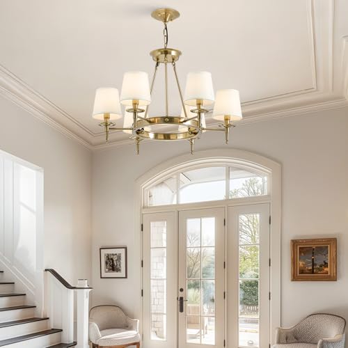 Brass Chandelier 6 Lights with White Fabric Linen Shade 29.52" W Gold Candle Pendant Light Fixture Modern Wagon Wheel Chandeliers for Dining Room Living Room Bedroom