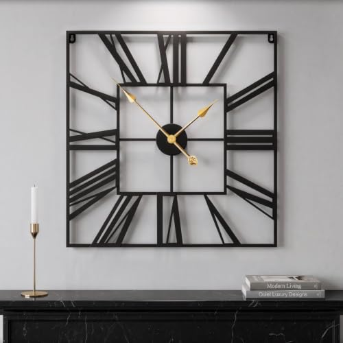 Cuspin 24 Inch Square Wall Clock, Large Black Metal Roman Numeral Clock - color: Black Roman Square, size: 24 Inch