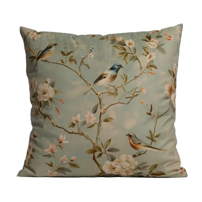 Vintage Chinoiserie Velvet Pillow Cover 18x18, Bird Floral, 1 Pack