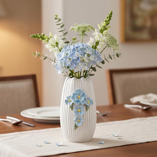 White Ceramic Vase, Boho Vase for Flower, 9 Inch - color: White and Light Blue, size: 9 inch