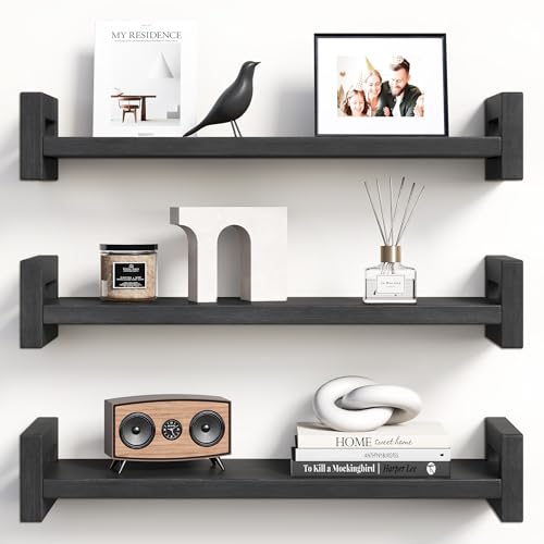 Vailando Solid Wood Floating Shelf, 16" Wall Shelf for Room, Black, 3 Pack - color: Black, size: 16 inch