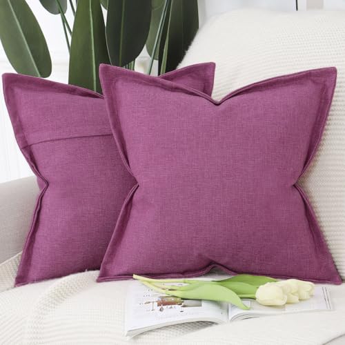 MADIZZ Pack of 2 Faux Rustic Linen Throw Pillow Covers with Flange Edge Soft Boho Natural Decorative Pillowcases for Sofa Living Room Modern Throw Pillows for Bed 24x24 Inch Fuchsia - color: Fuchsia, size: 24" x 24" (Pack of 2)