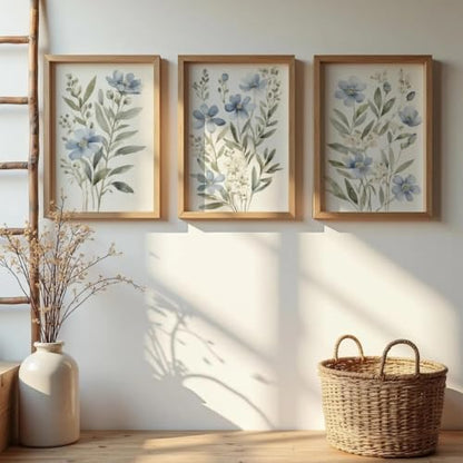 Beayum Blue Wildflower Watercolor Canvas Wall Art, Unframed, Set of 3 - color: Blue Wildflower Prints, size: 24"L x 16"W Unframed
